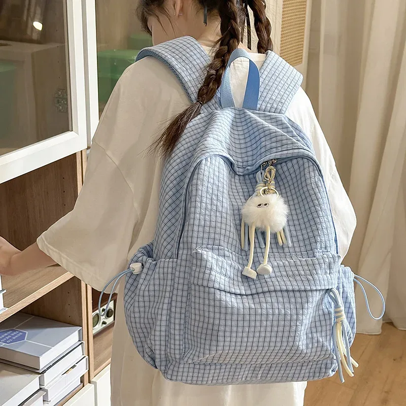 Sac à dos pour femme style campus, motif écossais simple, grande capacité, décontracté, pour voyage, sac à double bandoulière en nylon, style frais et doux