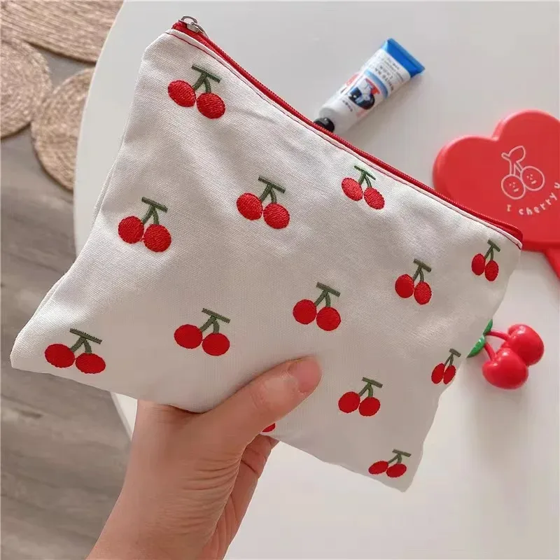 Sac à cosmétiques en coton Portable mignon cerise broderie femmes sacs de rangement petite femme voyage fermeture éclair maquillage téléphone pochette étui
