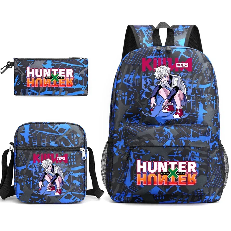 sac à dos d'étudiant imprimé hunter x hunter, sac à bandoulière décontracté, trousse à crayons, ensemble 3 en 1 pour garçons et filles, école