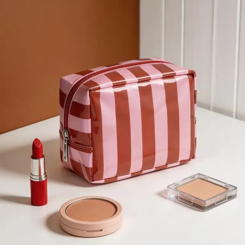 mini trousse de toilette rayée en pvc, trousse de maquillage, trousse de toilette imperméable, étui pour pinceaux de maquillage
