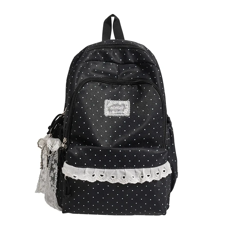sac à dos scolaire en nylon de grande capacité, style coréen, orné de dentelle à pois et d'un joli nœud décoratif, idéal pour les filles, pour les voyages quotidiens.