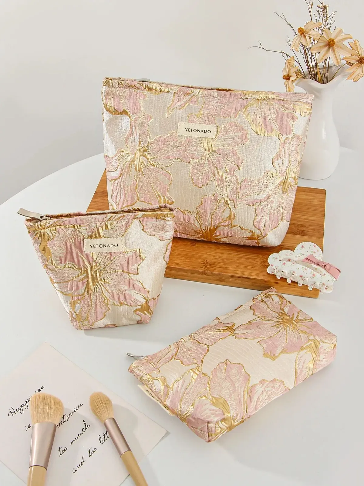 1 pièce/ensemble trousse de maquillage fleur dorée, trousse de maquillage de voyage mignonne, pochette pour articles de toilette, trousse de maquillage portable