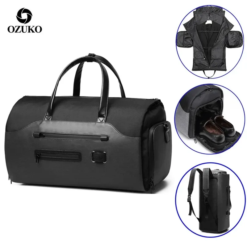 Sac à vêtements OZUKO multifonctionnel pour hommes, sac de rangement pour costumes, grande capacité, sac de voyage imperméable, sac à main pour hommes, poche pour chaussures.