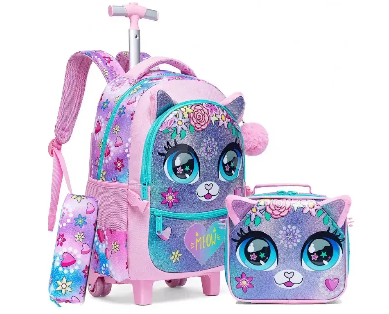 sac de voyage à roulettes pour filles, valise à roulettes pour filles, sac à roulettes pour élèves du primaire, ensemble de sacs à roulettes pour l'école, sac à déjeuner, trousse à crayons