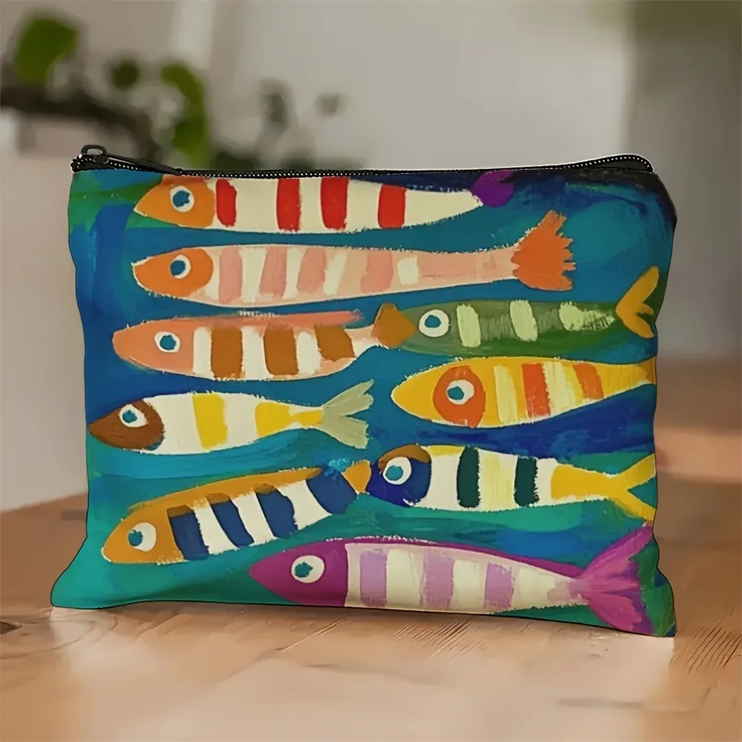 sac à cosmétiques vintage à motif de sardine, 1 pièce, organisateur de maquillage de voyage pour articles de toilette et pinceaux, design portable unisexe pour voyage