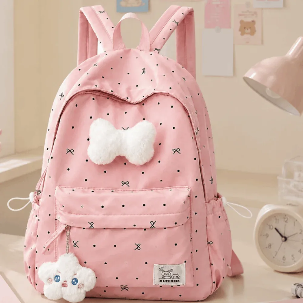 sac à dos léger à pois avec nœud papillon, respirant, pour étudiants, polyvalent, décontracté, grande capacité, pour l'école et les voyages