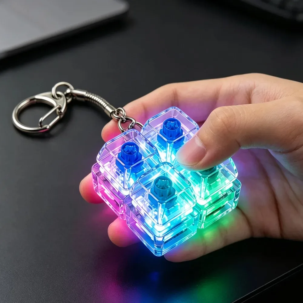 porte-clés clavier mécanique 4 touches, tactile, avec led et cristal, pendentif de sac à dos, décompression, accessoire de sac