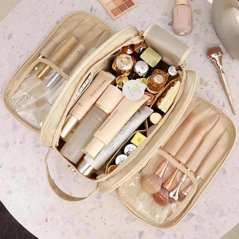 Trousse de maquillage en cuir PU, grande capacité, sac de rangement de cosmétiques de voyage, sac à main Portable pour femmes, trousse de toilette multifonction étanche