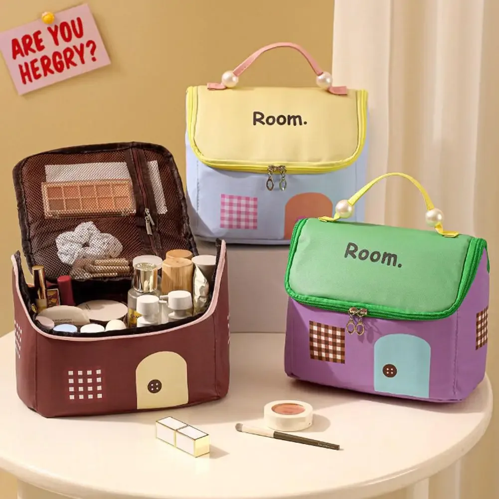 trousse de maquillage mignonne en forme de maison, grande capacité, organiseur de cosmétiques de voyage avec poignée, sac de rangement portable pour soins de la peau pour filles et étudiantes
