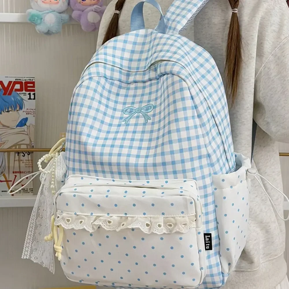 sac à dos tendance à pois, à carreaux, avec nœud et bordure en dentelle, durable et léger, idéal pour les étudiants et l'utilisation en extérieur.