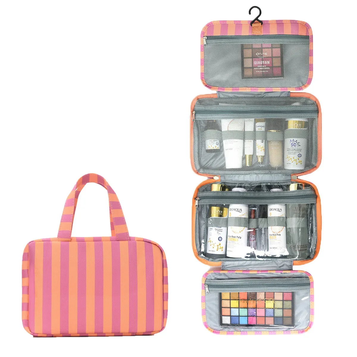 trousse de toilette rayée à 4 compartiments, pochette pliable rayée avec crochet | sacs de toilette de voyage pour armoire, placard, douche, valise