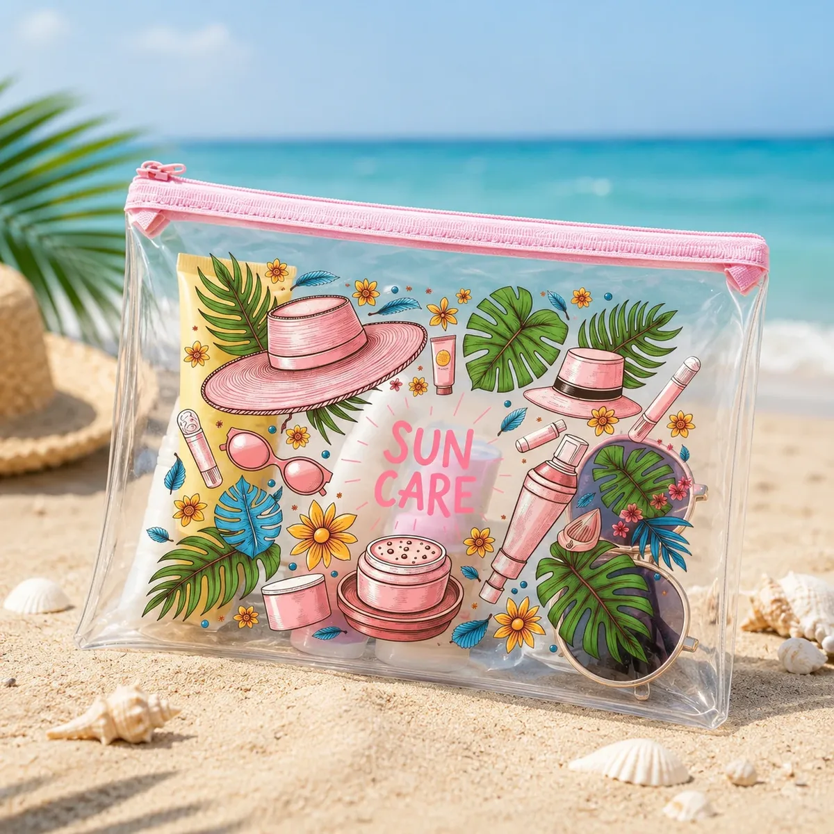 Sac cosmétique transparent en PVC pour le soin du soleil, trousse de maquillage étanche à fermeture éclair pour femmes, plage, piscine, voyage et articles de toilette