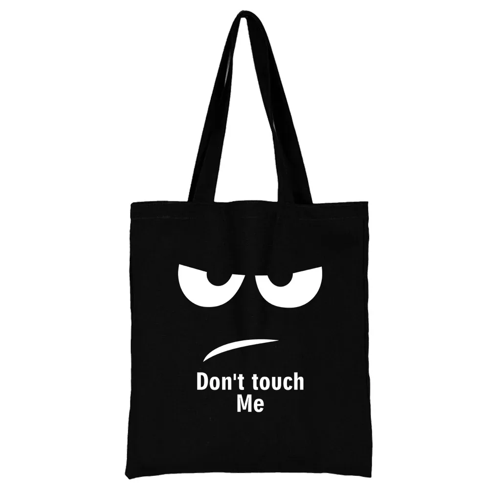 sac de shopping en toile noire pour femmes, fourre-tout décontracté réutilisable, sac à bandoulière à motif blanc imprimé, sac à main pliable de grande capacité
