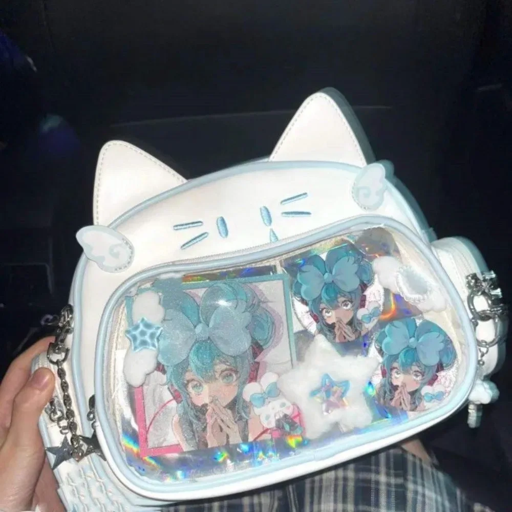 y2k coréen kawaii chat lolita sac mignon pu sac à bandoulière filles poche transparente harajuku sac à bandoulière femmes mode sacs à dos