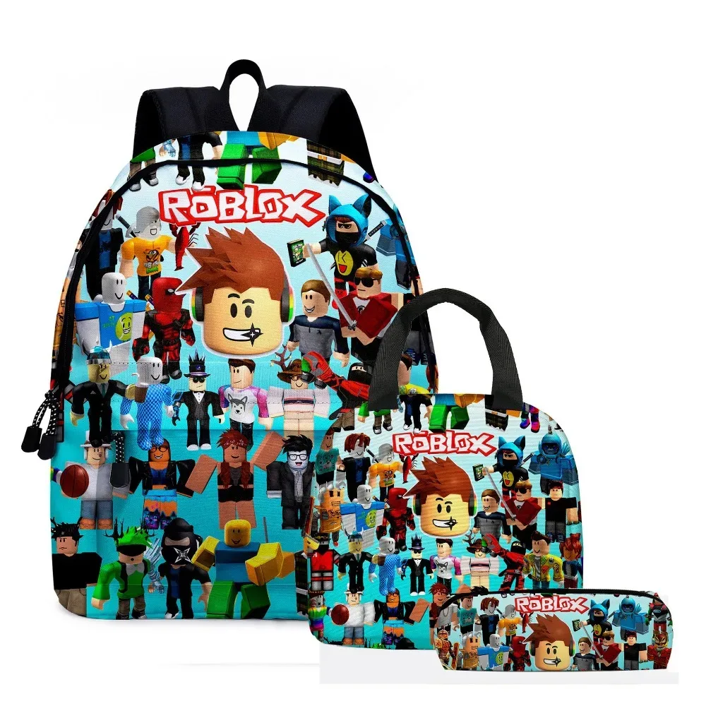 ensemble de 3 pièces : sac à dos scolaire, sac à déjeuner et trousse à crayons sur le thème de roblox, dessin animé et anime – cadeau d'anniversaire pour étudiant