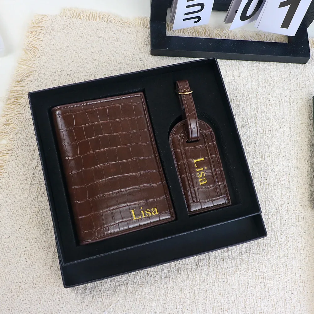 étiquette de bagage personnalisée en cuir pu motif peau de crocodile + porte-passeport, coffret cadeau, accessoires de sac