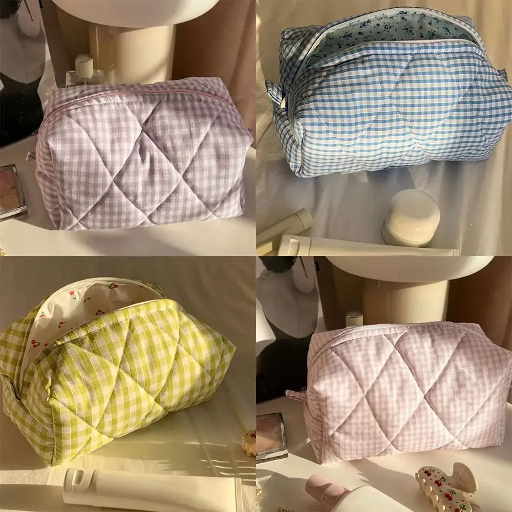 trousse de maquillage en coton matelassé, trousse de toilette portable à carreaux avec fermeture éclair, grande capacité, poudres de soin de la peau, voyage
