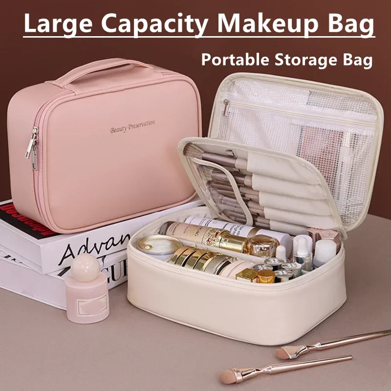 Trousse de maquillage pour femmes, sac cosmétique à double compartiment, grande capacité, sac de rangement portable, organisateur de voyage, trousse de toilette imperméable