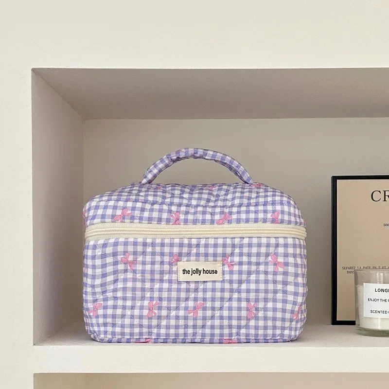 trousse de maquillage matelassée à carreaux avec nœud, grande capacité, pour pinceaux et soins de la peau, sac de voyage cosmétique