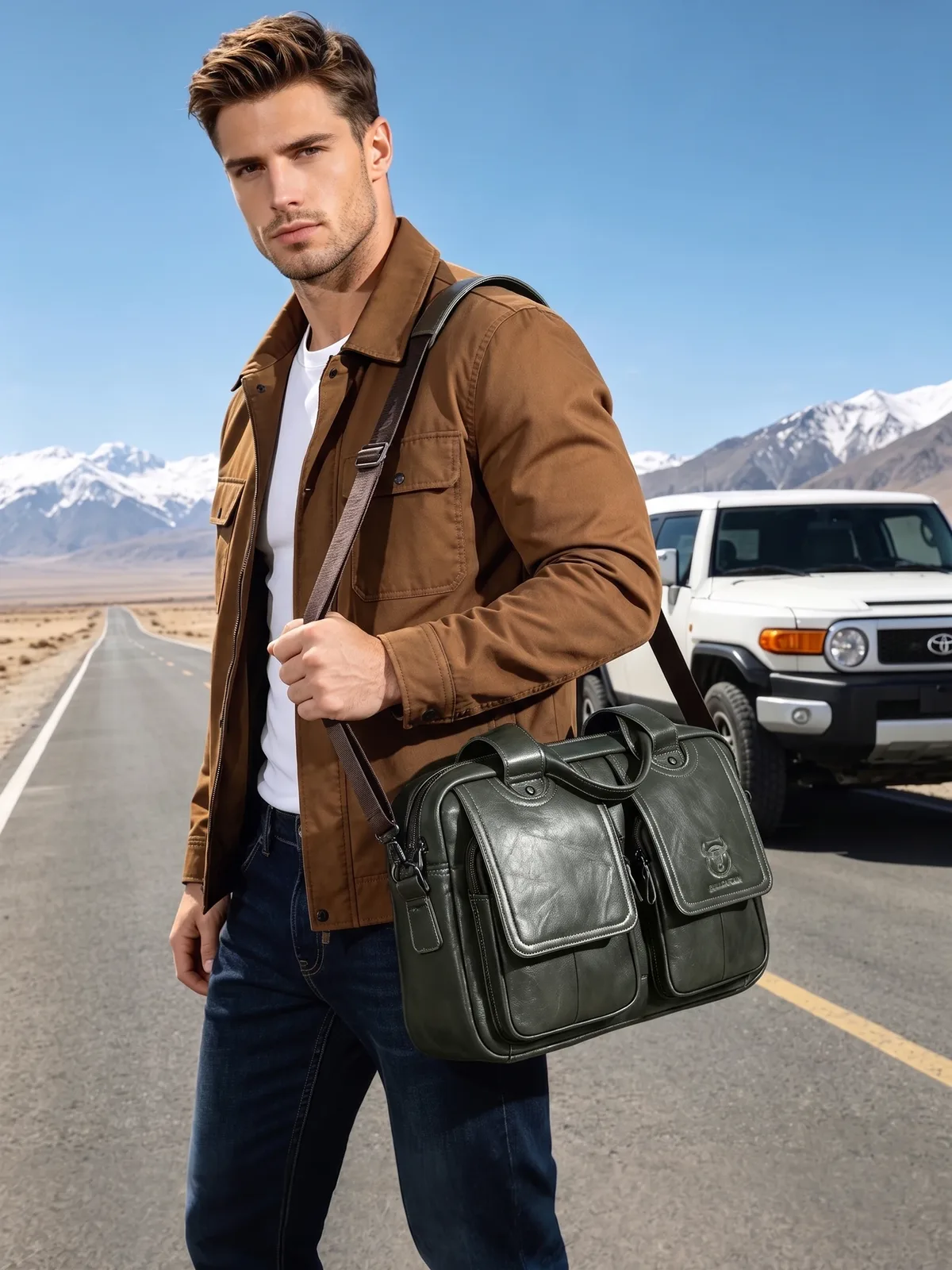 bullcaptain hommes vrai mallette en cuir 14 pouces pochette pour ordinateur portable, décontracté épaule messenger sac fourre-tout, le travail de bureau, 042