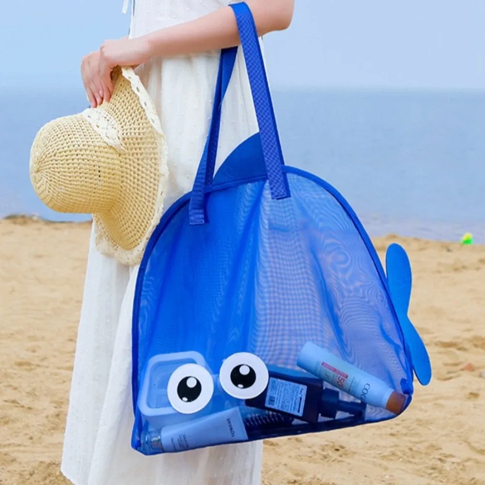 sacs de plage en maille colorés pour enfants, motif requin de dessin animé, anti-sable, séchage rapide, sacs de rangement pour coquillages et jouets, pour les vacances des tout-petits