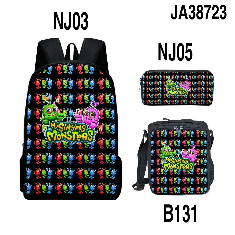 sacs à dos pour enfants, ensemble de sacs à dos, sac à déjeuner pour enfants, sac à crayons, ensemble de 3 pièces, nouveau sac de concert 3d my singing monsters