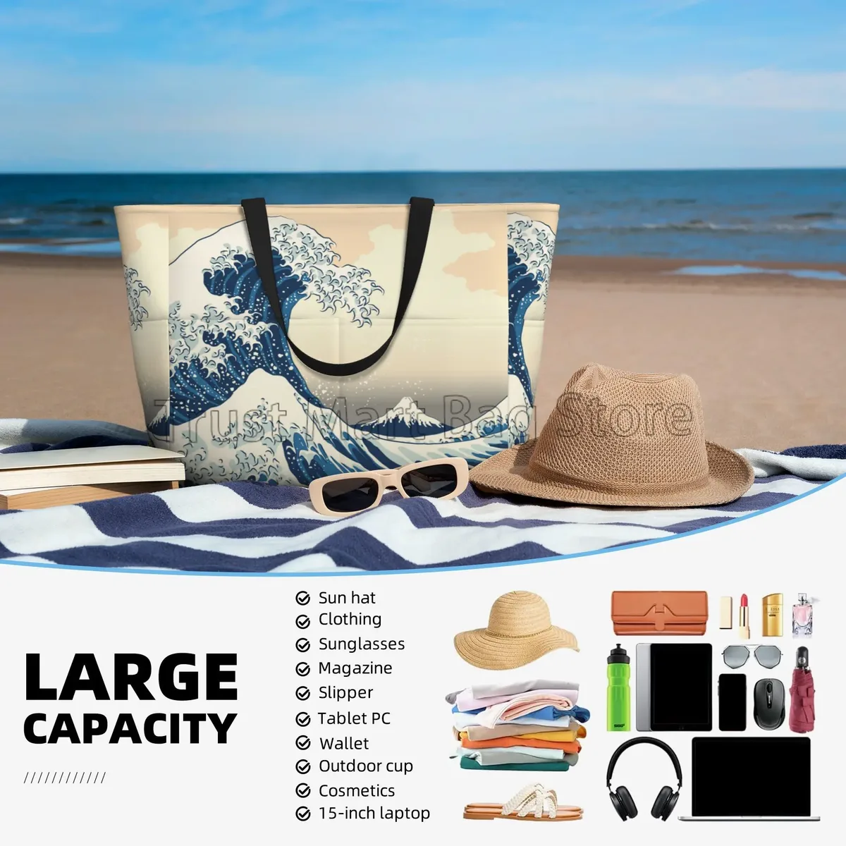 sac de voyage de plage de grande capacité, vagues de mer japonaises, fourre-tout pliable pour femmes, sacs de piscine pour voyage, vacances, salle de sport, natation