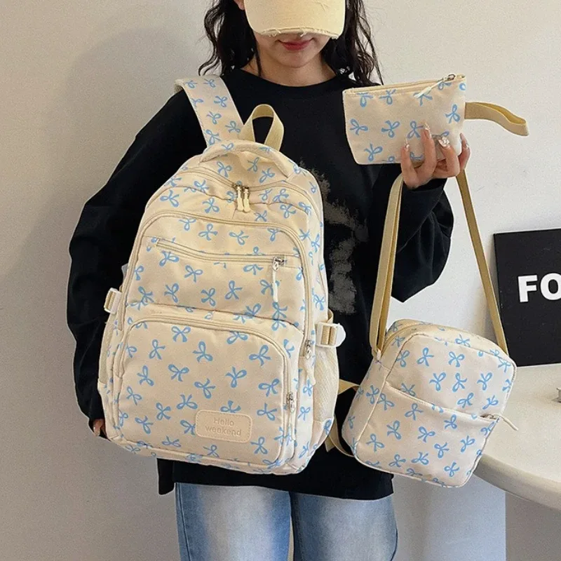 3 pièces/ensemble mode coréenne nœud imprimé femmes mode sac à dos léger simple étudiant sac d'école sangle réglable voyage sac à dos