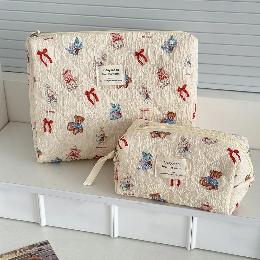sac matelassé pour femmes, animaux de dessin animé kawaii, grande capacité, pochette de rangement de toilette cosmétique, 3 types, trousse de maquillage à fermeture éclair pour dames