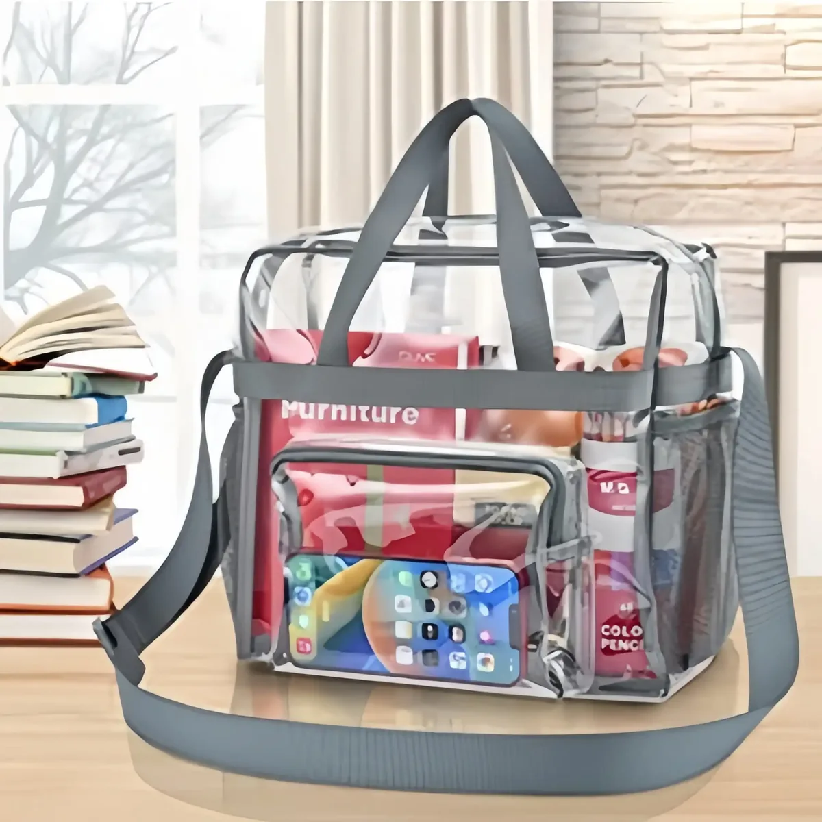 sac fourre-tout transparent robuste en plastique, bandoulière avec poches zippées, passe facilement la sécurité des stades pour femmes, travail, concerts