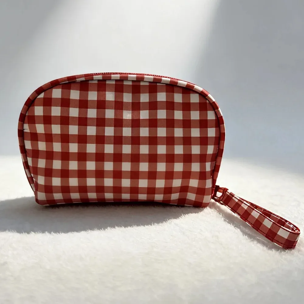 sac de maquillage simple en tissu oxford à carreaux rouges, imperméable, multifonctionnel, grande capacité, sac de toilette de voyage