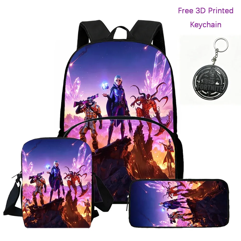 fortnite – sac à dos léger avec poche avant, sac bandoulière et trousse à crayons, pour garçons et filles de 5 à 10 ans, porte-clés imprimé en 3d gratuit, 3 pièces