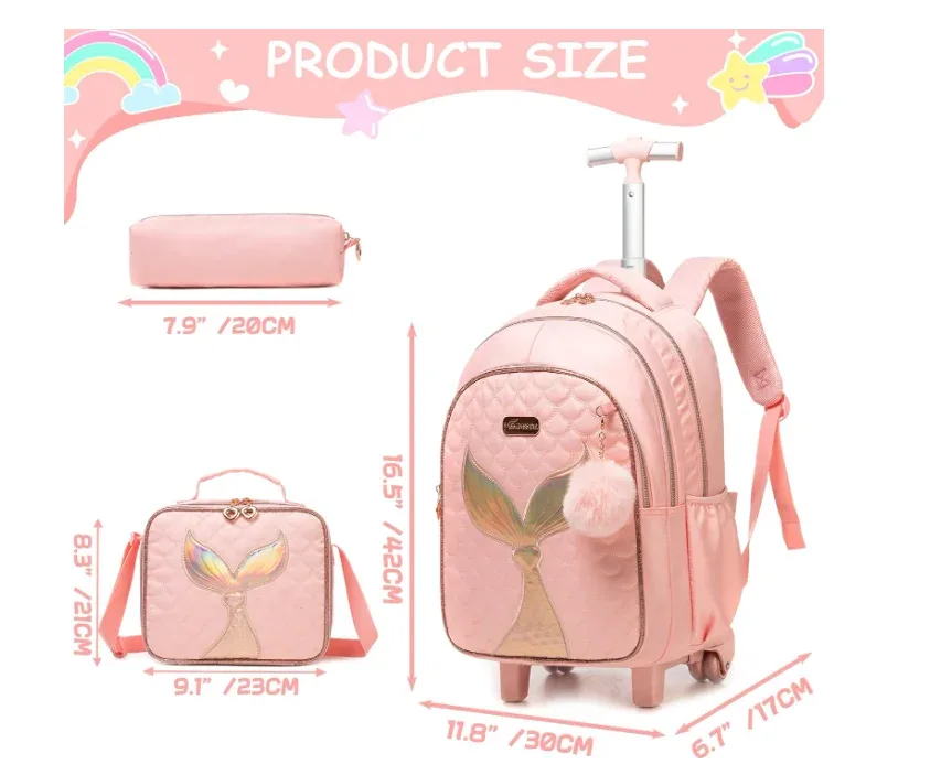 ensemble de sacs à dos à roulettes pour filles, chariot de voyage de 16 pouces, sac à dos à roulettes, sac à déjeuner, sac à stylos, sacs à roulettes d'école 3 en 1