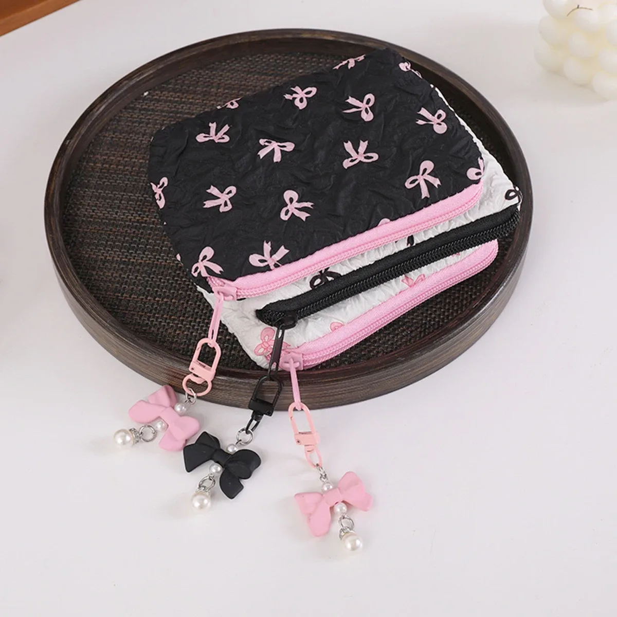 pochette cosmétique plissée avec nœud | pochette de maquillage en coton pour femmes, matelassée, de voyage, organiseur de maquillage pour filles, petite pochette à nœud portable