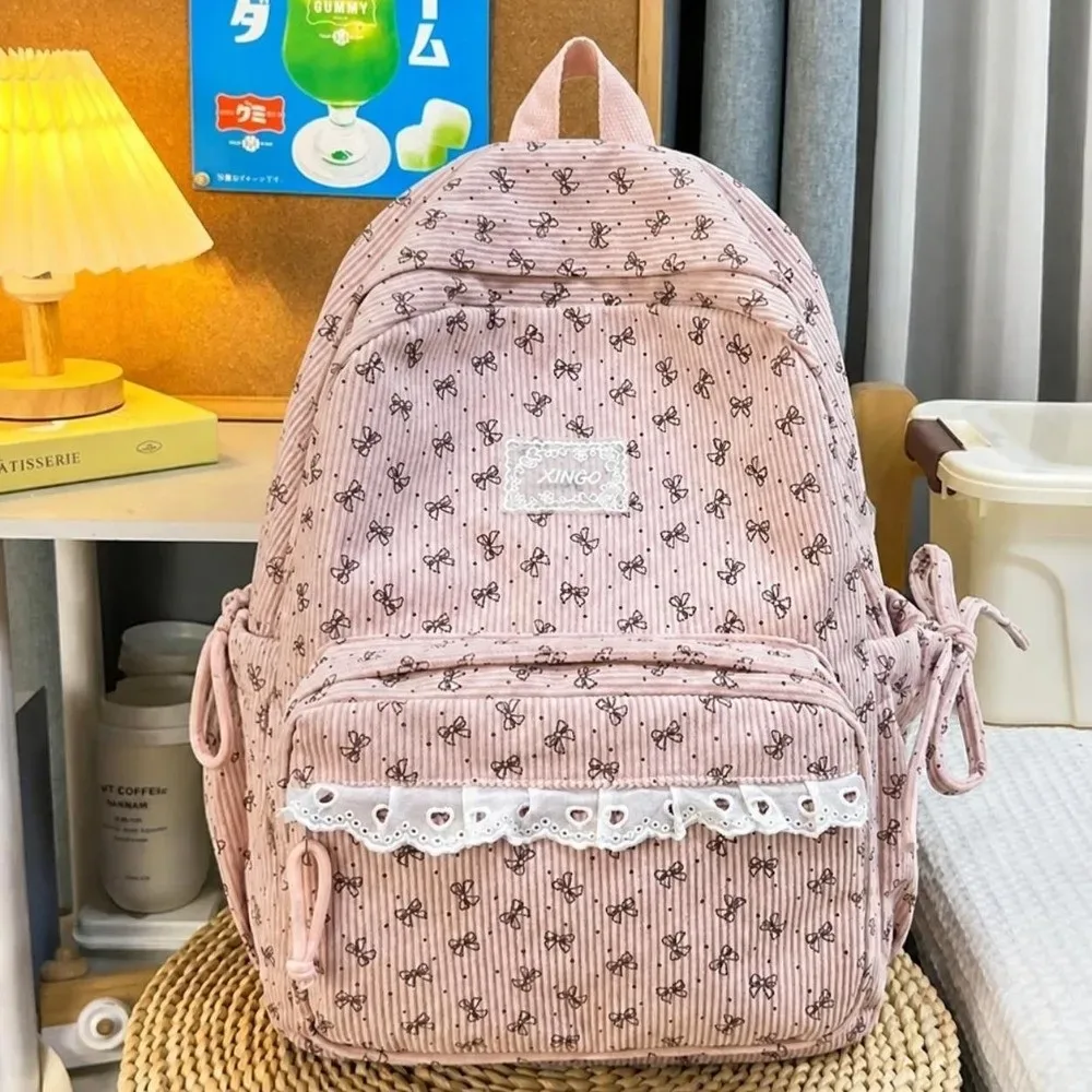 sac à dos en velours côtelé de style coréen, style preppy, grande capacité, sac à dos pour étudiants, bordure en dentelle, nœud papillon, motif à pois