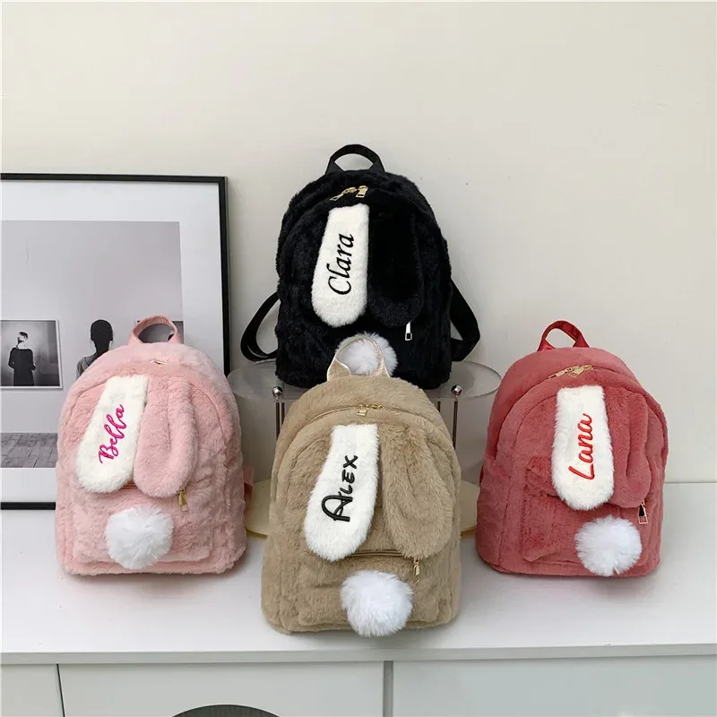 Sac à dos en peluche personnalisé pour femmes en automne et en hiver, nouvelles oreilles de lapin mignonnes, sac à dos pour femmes, sac en peluche