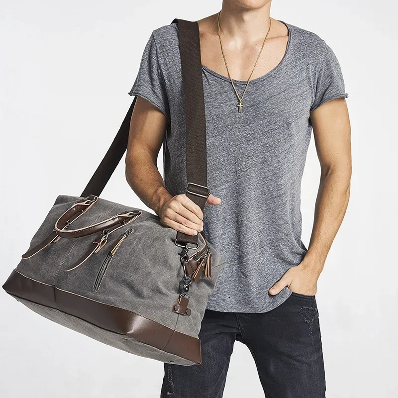 sac de voyage en toile pour hommes, en cuir pu, bagages d'extérieur, voyage, fitness, photographie, sac à main de grande capacité, sac à dos à bandoulière