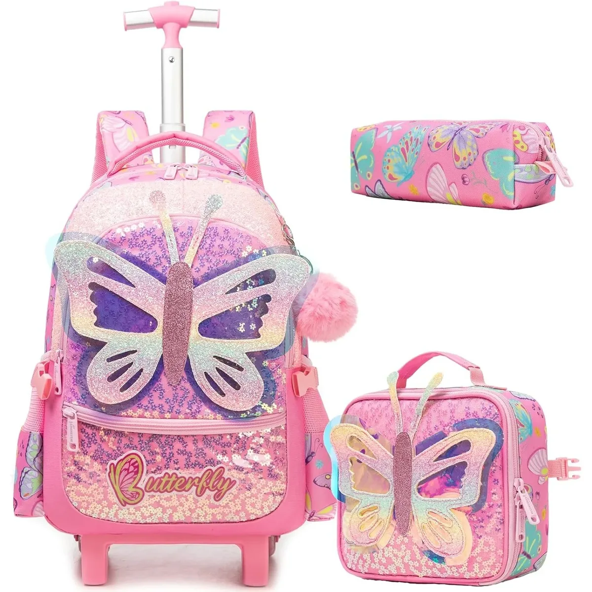 sac à dos à roulettes pour filles, sac à dos pour enfants à roulettes, ensemble de sacs à roulettes pour l'école avec boîte à lunch isotherme, sac de voyage pour enfants
