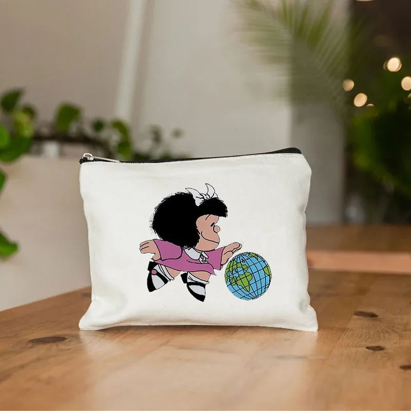 mafalda mignon anime cosmétique trousse de maquillage crayon organisateur fermeture éclair kawaii maquillage pochette sac à main voyage trousses de toilette cadeau