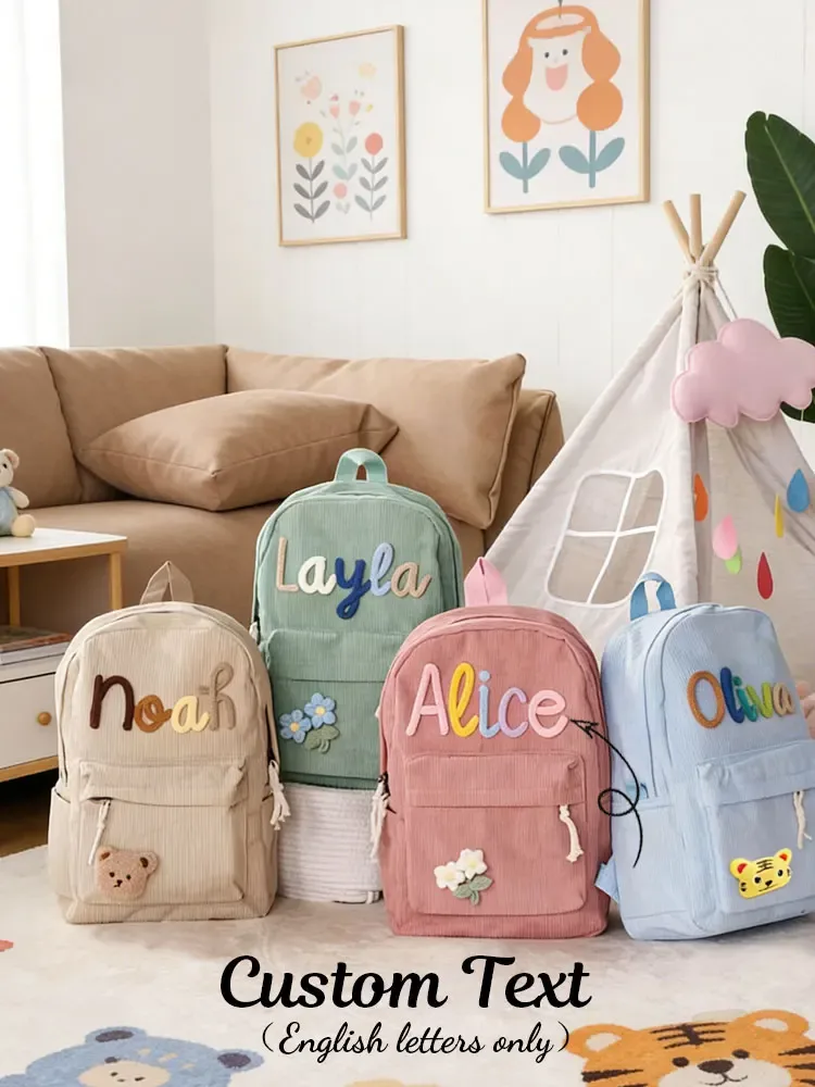 sac à dos unisexe personnalisé en velours côtelé — initiales brodées à la main, design coloré, choix de couleurs et d'accessoires