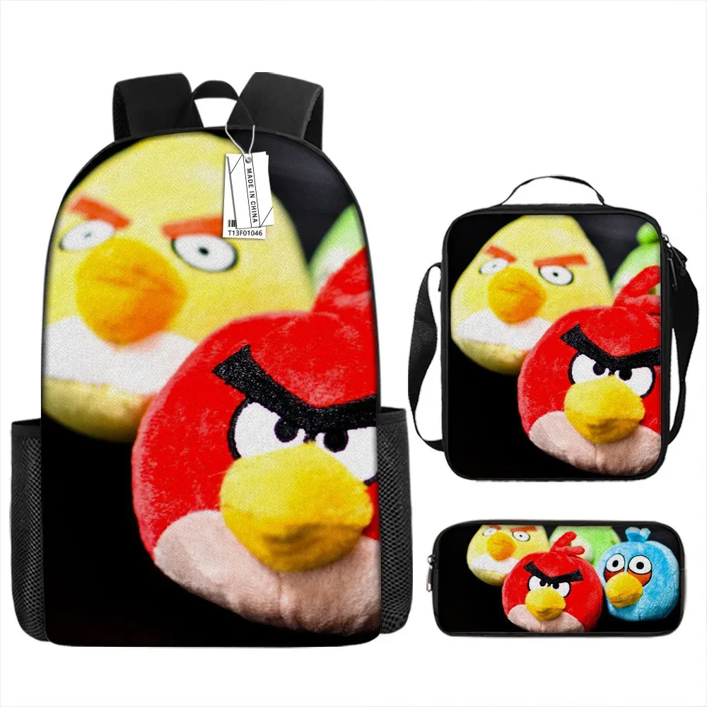 sacs d'école de luxe originaux et cool avec impression 3d angry birds, 3 pièces/ensemble, sac à dos pour ordinateur portable, sac à déjeuner, trousse à crayons
