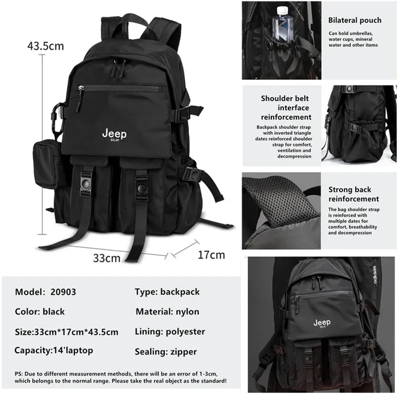 jeep buluo sac à dos en nylon pour homme, grande capacité, imperméable, pour ordinateur portable, sac d'école décontracté multi-poches pour voyage, travail, université