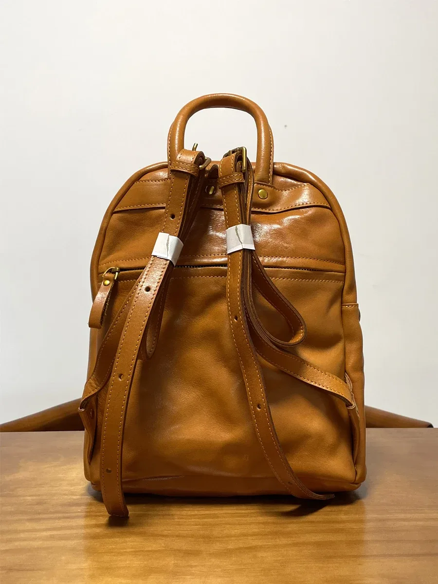 sac à dos vintage simple en cuir de vache tanné végétal pour femmes, sac à dos décontracté pour voyage en plein air, fête, fait à la main, en cuir véritable