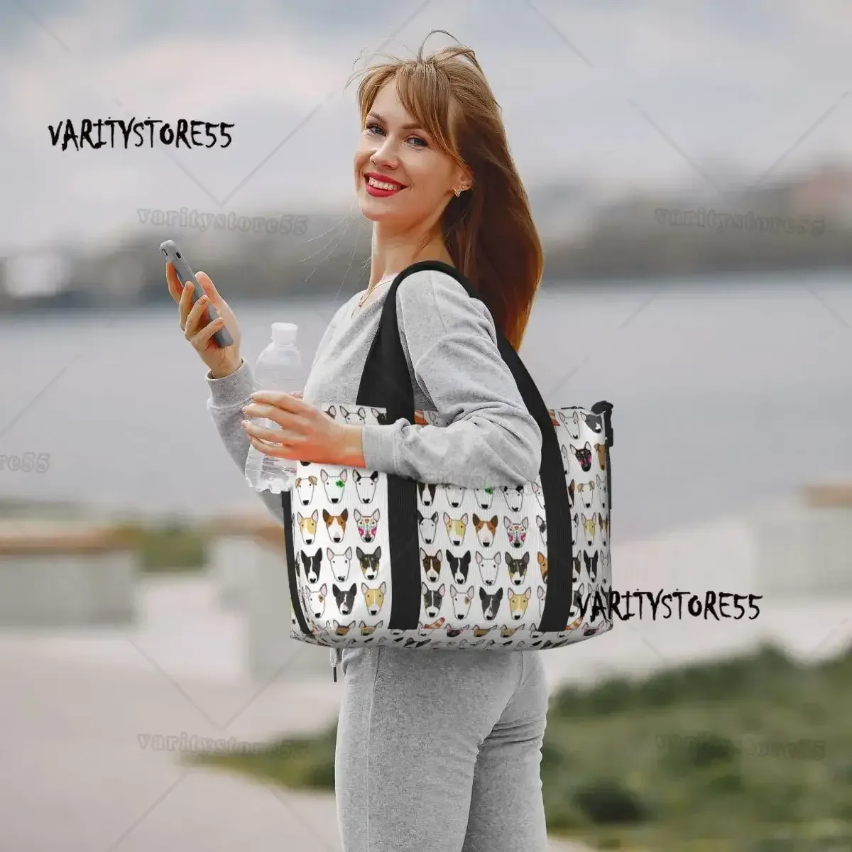 sac fourre-tout personnalisé à motif répété de chien bull terrier pour femmes, sac de voyage à bandoulière de grande capacité pour animaux de plage et de gymnastique