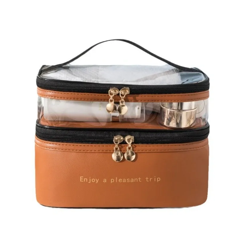 sac à cosmétiques double transparent en pu, sac de lavage portable, sacs de maquillage de grande capacité, trousse de toilette de voyage étanche, sacs de rangement
