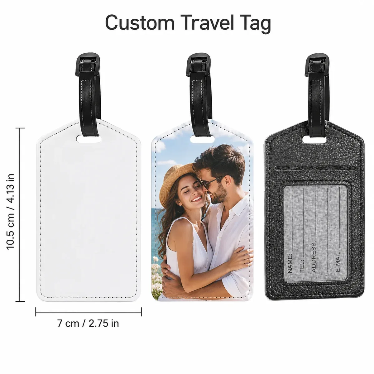 étiquettes de bagage personnalisées en cuir pu avec photo, étiquettes d'identification étanches avec image, pour voyage d'affaires, en cuir haut de gamme, pour carte d'embarquement