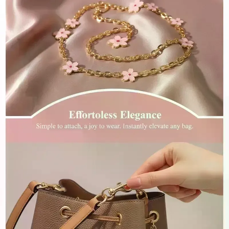 chaîne d'extension de sac en or motif fleur de cerisier rose, design floral mignon pour sacs à main et sacs à bandoulière pour femmes