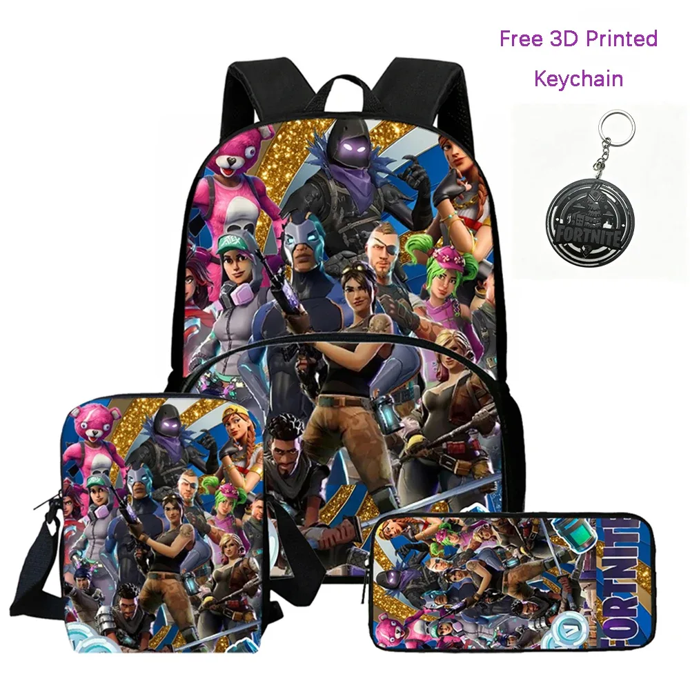 fortnite – sac à dos léger avec poche avant, sac bandoulière et trousse à crayons, pour garçons et filles de 5 à 10 ans, porte-clés imprimé en 3d gratuit, 3 pièces