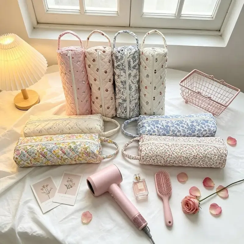 Sac de rangement matelassé pour sèche-cheveux avec imprimé floral mignon, poignée portable, grande capacité, étui de transport pour voyage, organisateur de salle de bain