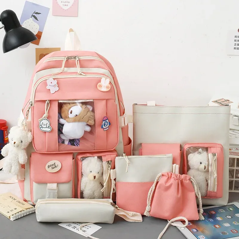 sacs d'école mignons kawaii pour filles, rose, bleu, vert, ensembles de 5 pièces, sac à dos étanche pour femmes, cartable décontracté coréen, mode 2023